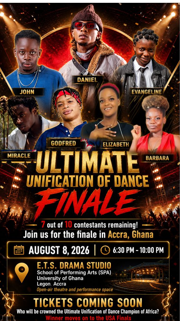 Finale Flyer — Ultimate Unification of Dance · August 8, 2026 · E.T.S. Drama Studio, Univ. of Ghana