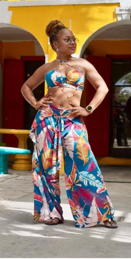 Whitney Ricketts-Malone, USA Finalist dancer, wearing a vibrant tropical print two-piece outfit